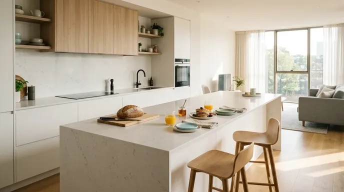 Diseño de cocina integral moderna con isla y gabinetes mate en Bogotá