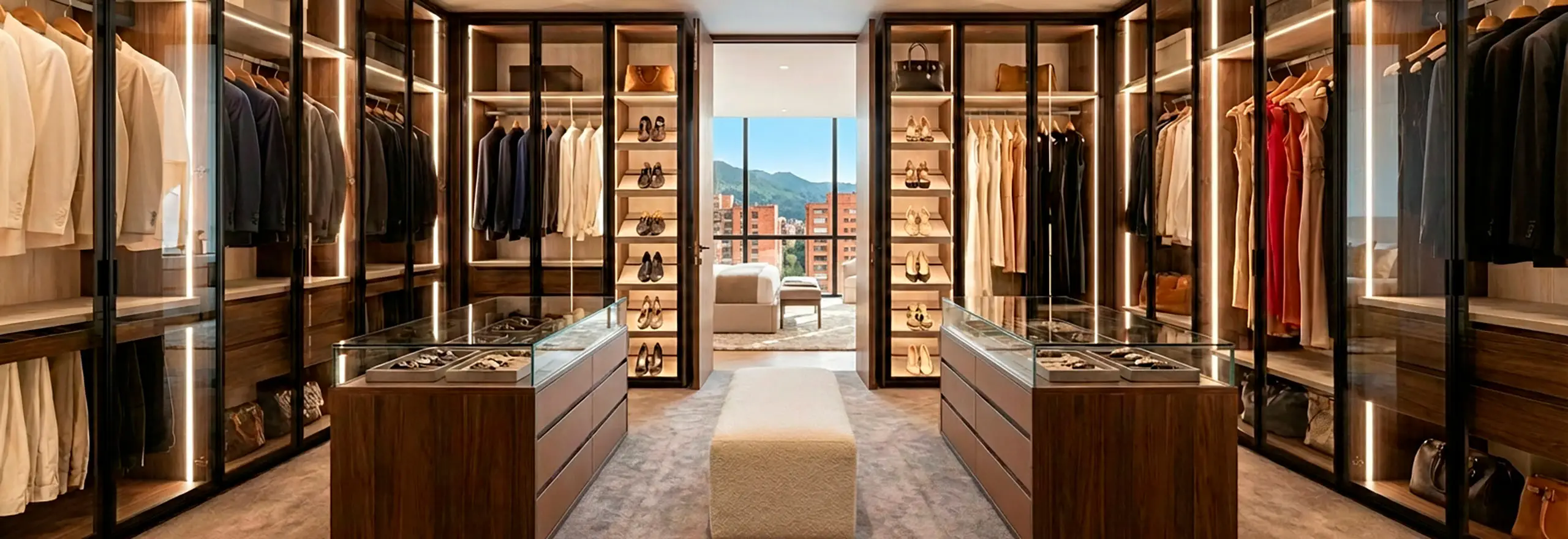 Walk-in closet de alta gama en Bogotá con iluminación LED escenográfica, isla central para accesorios y acabados premium en madera con veta sincrónica